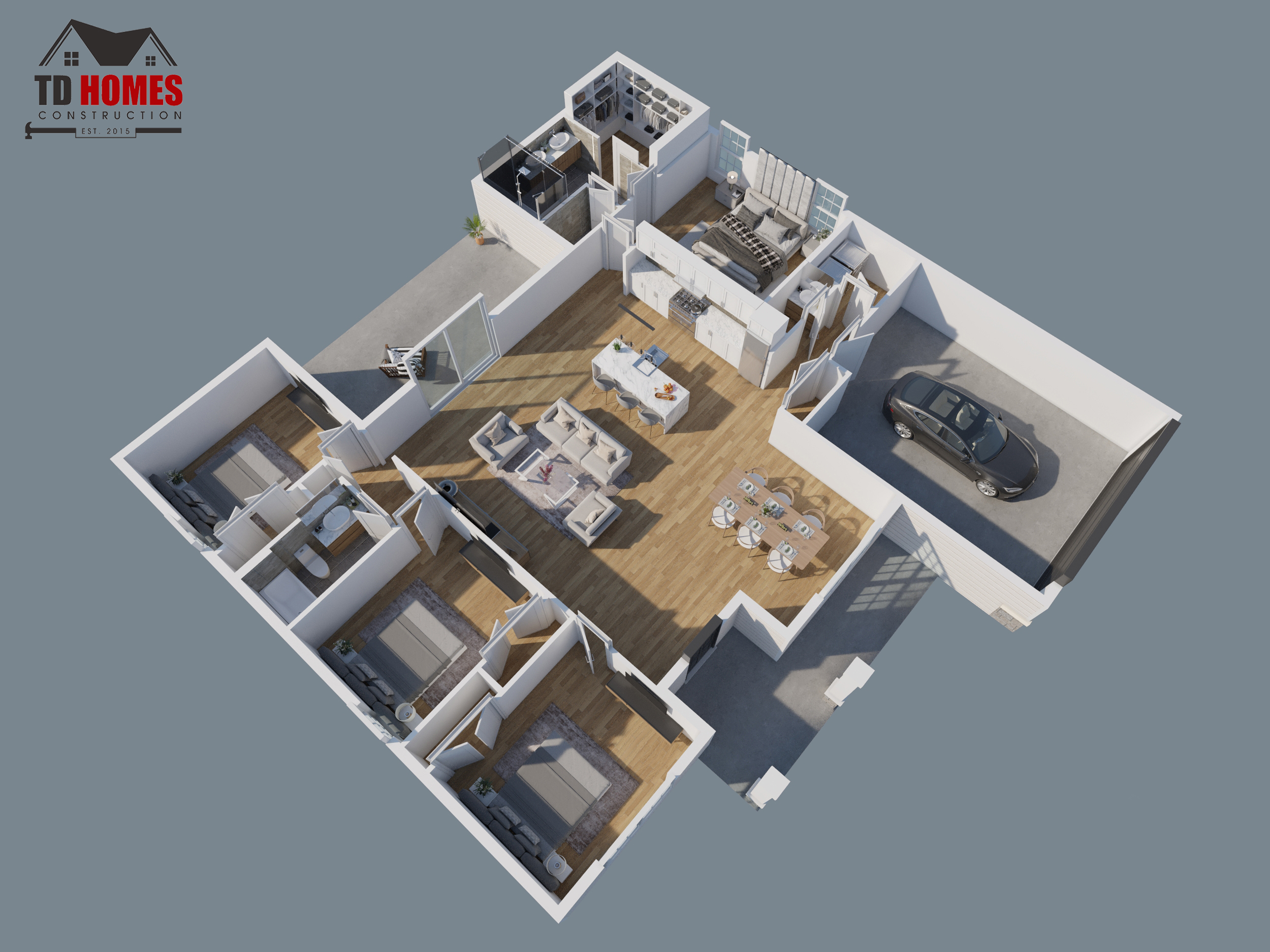 3D rendering of a modern apartment floor plan with living room, kitchen, dining area, bedroom, bathroom, and garage.