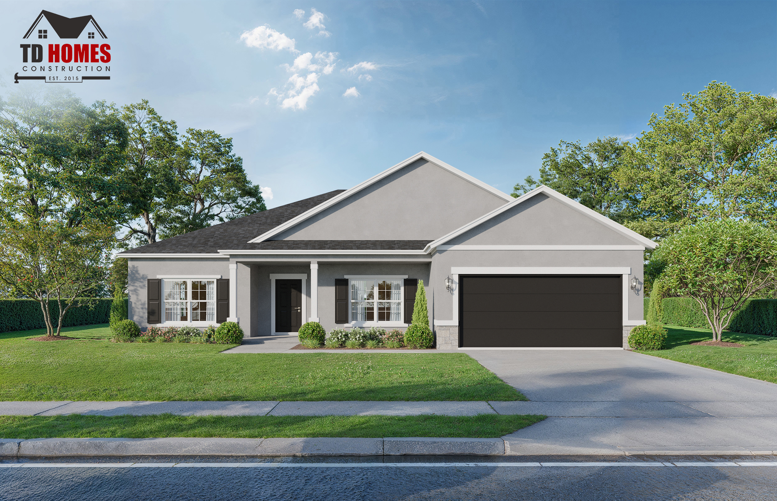 A gray single-story model house with front porch, two-car garage, and green surroundings.