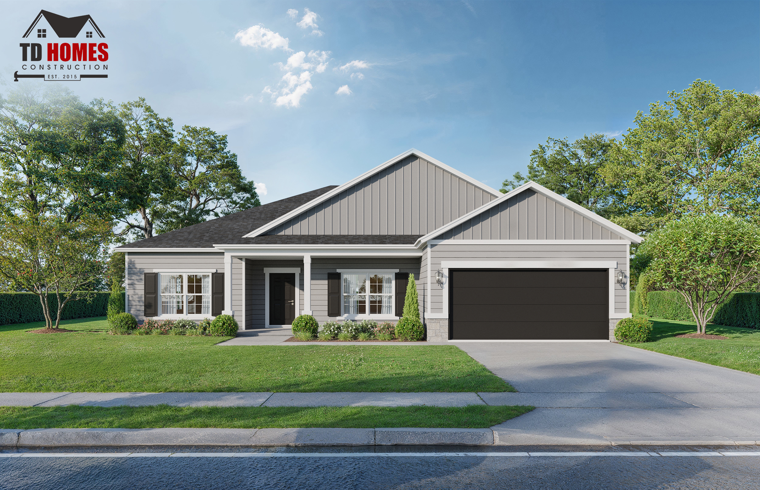 A gray single-story model house with front porch, two-car garage, and green surroundings.