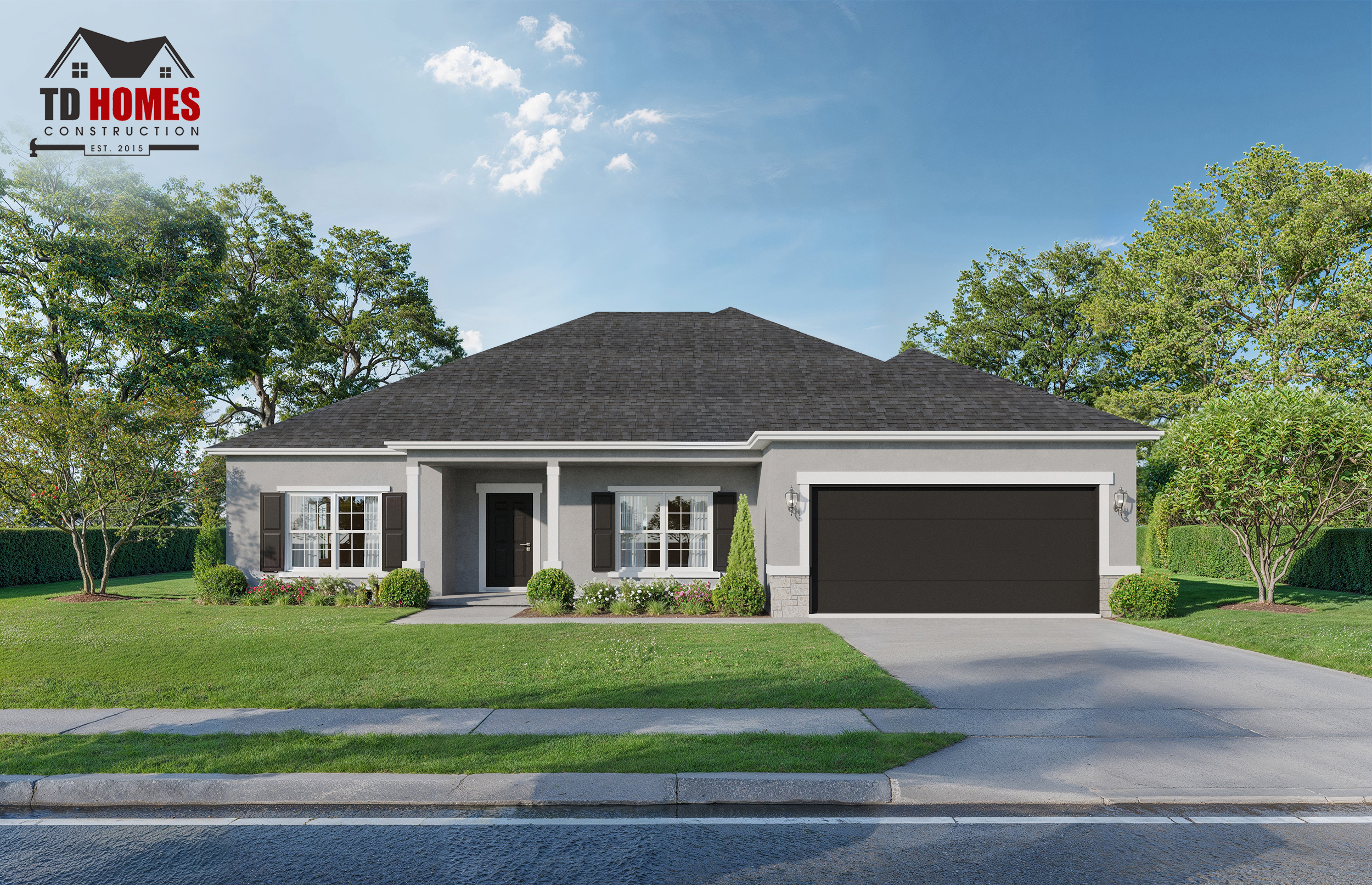 A gray single-story model house with front porch, two-car garage, and green surroundings.