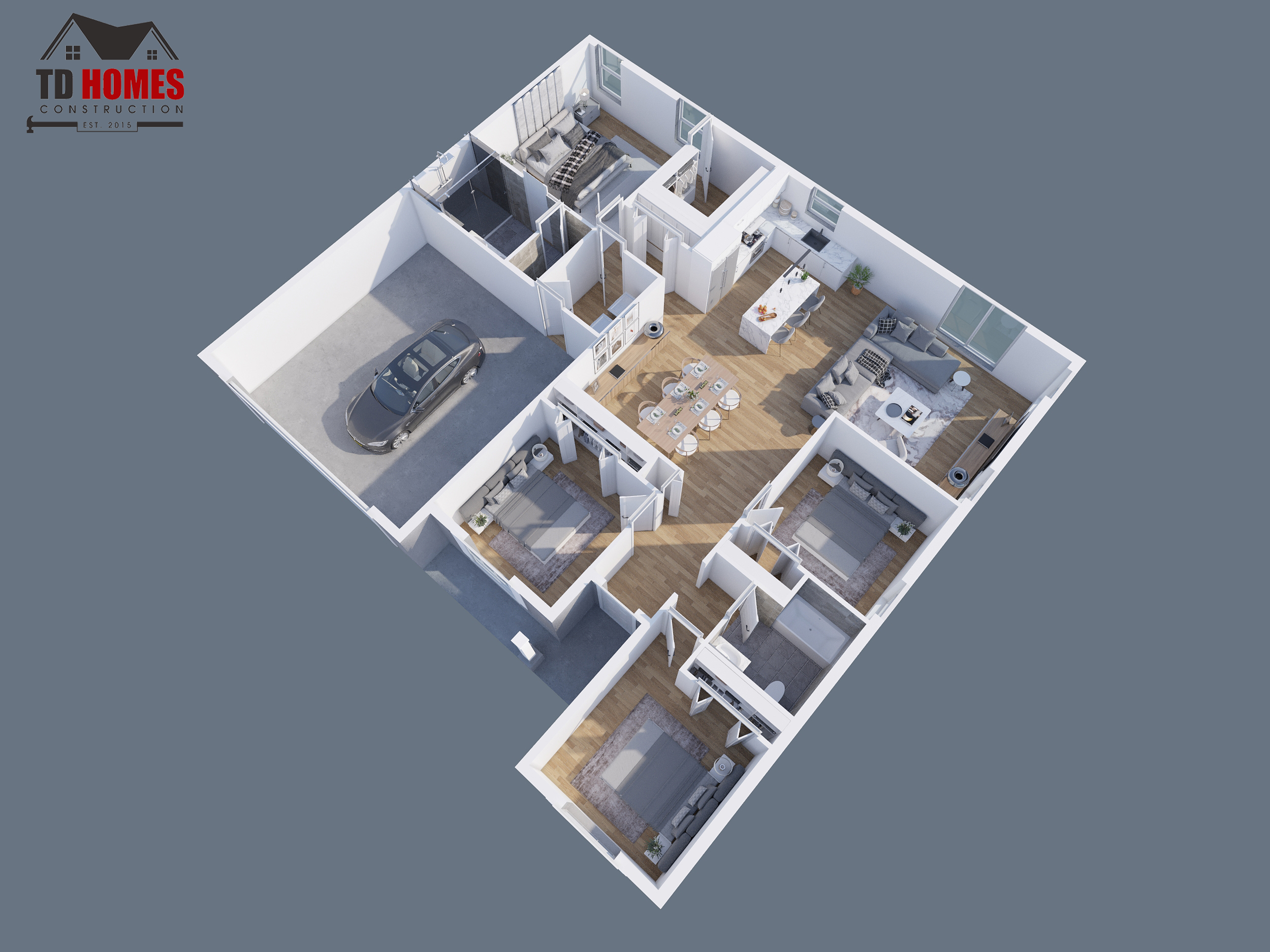 3D rendering of a modern apartment floor plan with living room, kitchen, dining area, bedroom, bathroom, and garage.