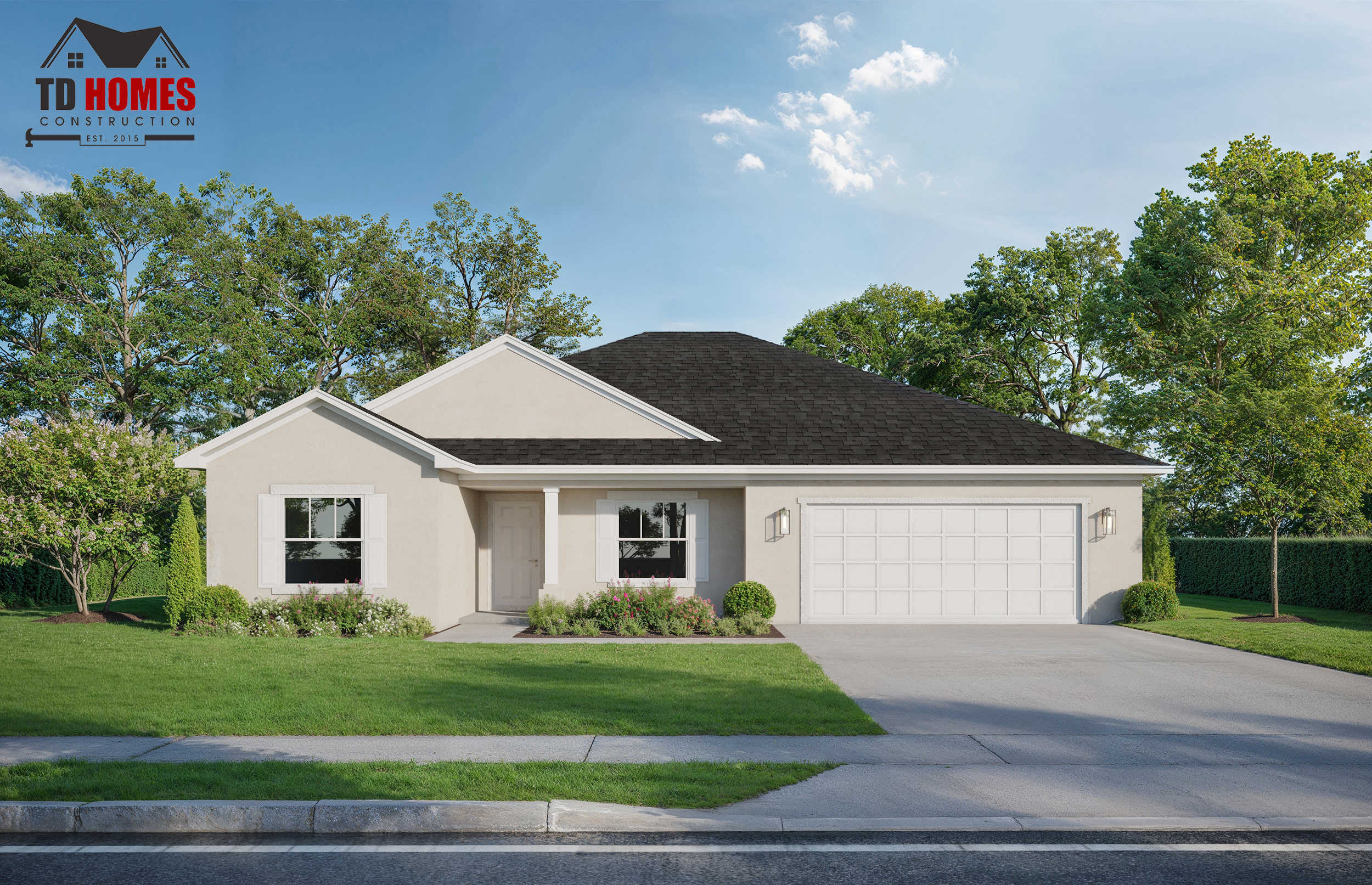 A gray single-story model house with front porch, two-car garage, and green surroundings.