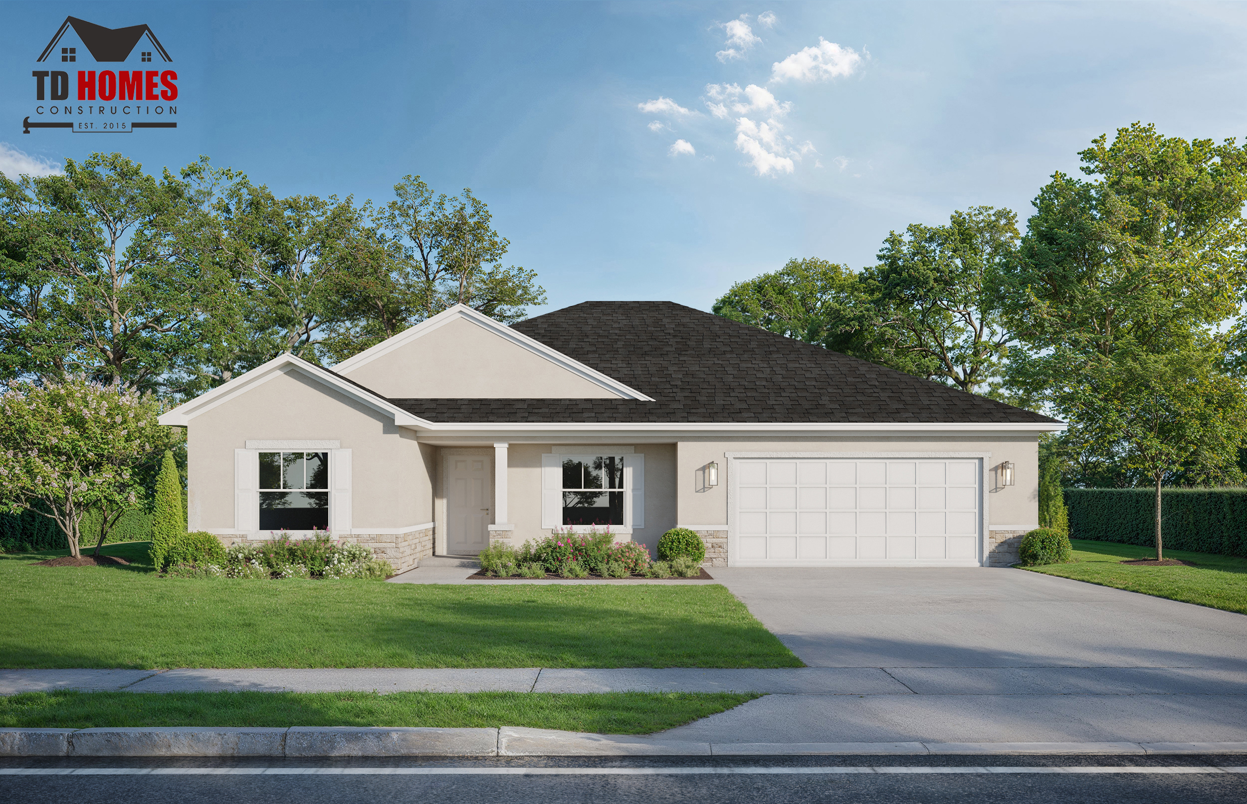 A gray single-story model house with front porch, two-car garage, and green surroundings.