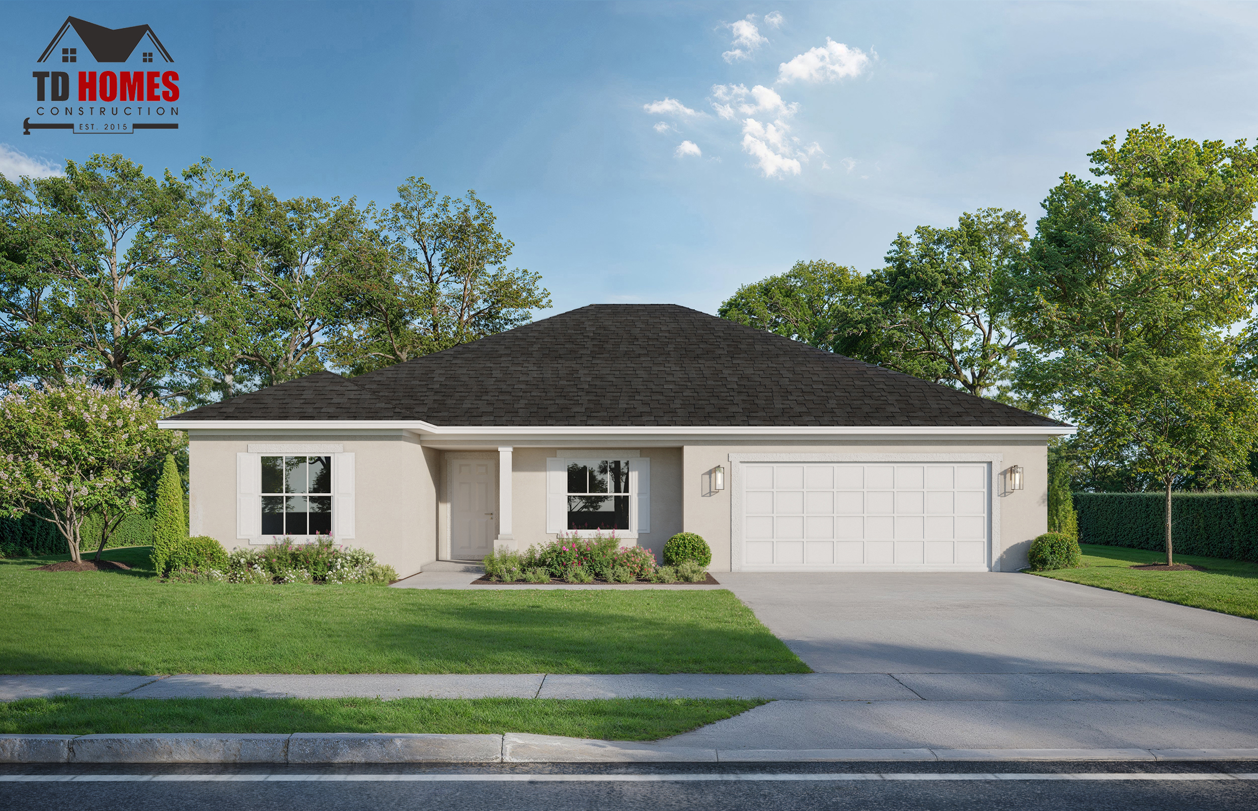 A gray single-story model house with front porch, two-car garage, and green surroundings.